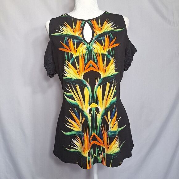 Bisou Bisou Womens Black Tropical Blouse Cold Shoulder Lace Armband Floral XL - Picture 1 of 10